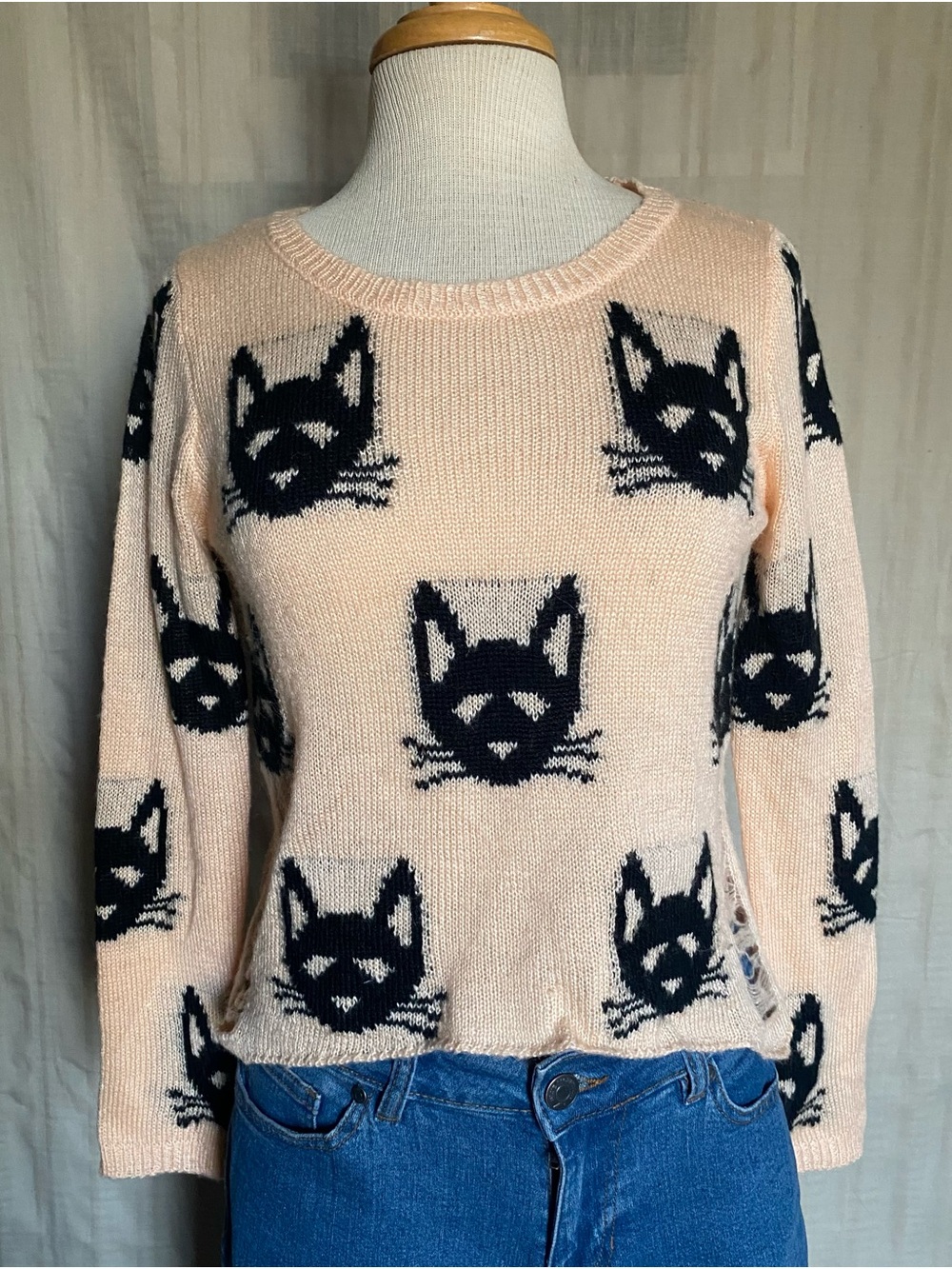 Material Girl Pink Crewneck Sweater with Black Cat Motif